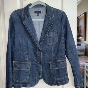 Women's IZOD Blue Jean DENIM JACKET Button Up Long Sleeve Size LARGE  4886‎